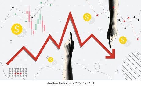Stock Market Manipulation Concept with Falling Graph Arrow, Dollar Icons and Hands Controlling Financial Trend, Economic Crisis Illustration