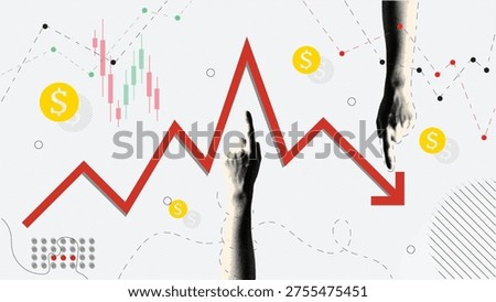 Stock Market Manipulation Concept with Falling Graph Arrow, Dollar Icons and Hands Controlling Financial Trend, Economic Crisis Illustration