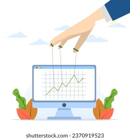 Stock market manipulation concept, hand with a rope over the chart for changes, controlling price movements, businessman market manipulator to control the market chart. flat vector illustration.