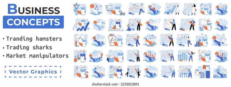 Stock market manipulation concepts set, change business graph indicator, influence crypto currency price for benefit or profit. Character analyzing stock market data to control financial graphic chart