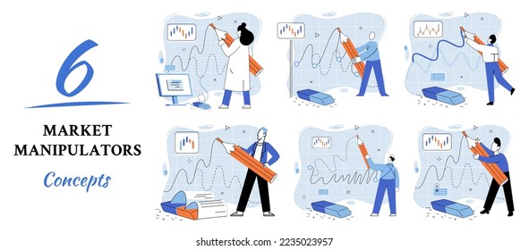 Stock market manipulation concepts set, change business graph indicator, influence crypto currency price for benefit or profit. Character analyzing stock market data to control financial graphic chart