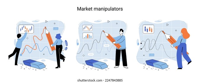 Stock market manipulation concepts set, change business graph indicator, influence crypto currency price for benefit or profit. Character analyzing stock market data to control financial graphic chart