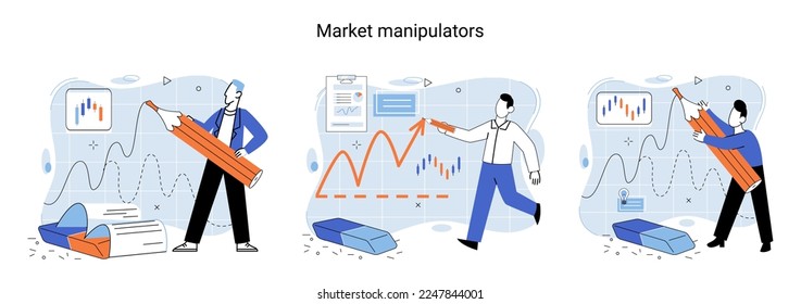 Stock market manipulation concepts set, change business graph indicator, influence crypto currency price for benefit or profit. Character analyzing stock market data to control financial graphic chart