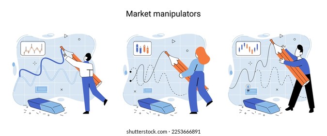 Stock market manipulation concepts set, change business graph indicator, influence crypto currency price for benefit or profit. Character analyzing stock market data to control financial graphic chart