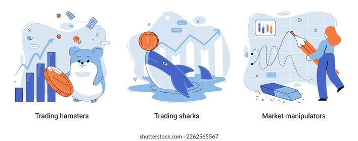 Stock market manipulation concepts set, change business graph indicator, influence crypto currency price for benefit or profit. Character analyzing stock market data to control financial graphic chart