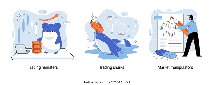 Stock market manipulation concepts set, change business graph indicator, influence crypto currency price for benefit or profit. Character analyzing stock market data to control financial graphic chart