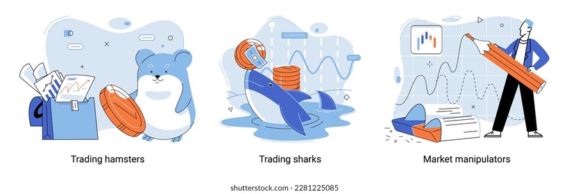 Stock market manipulation concepts set, change business graph indicator, influence crypto currency price for benefit or profit. Character analyzing stock market data to control financial graphic chart
