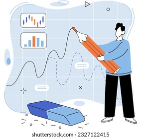 Stock market manipulation concepts set, change business graph indicator, influence crypto currency price for benefit or profit. Character analyzing stock market data to control financial graphic chart