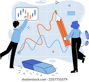 Stock market manipulation concepts set, change business graph indicator, influence crypto currency price for benefit or profit. Character analyzing stock market data to control financial graphic chart