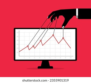 Stock market manipulation, hands with strings over graph for changing, controlling price movement, businessman market manipulator to control market graphs