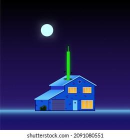 Stock Market Meme Of Price Pump Going To The Moon And Through The Roof Of A House At Night.