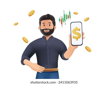 Stock market. Stock mobile app, mobile app screen. 3D illustration. Investment, market trade and finance concept. Money financial online management. Finance growth. Money increasing