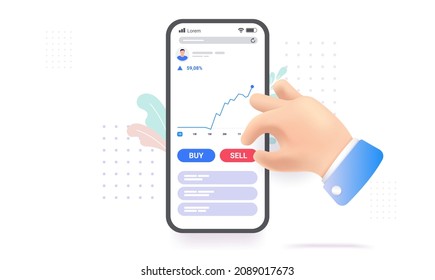 Stock market mobile phone app - Human hand and smartphone with user interface of trading graph and buy and sell button. Vector illustration