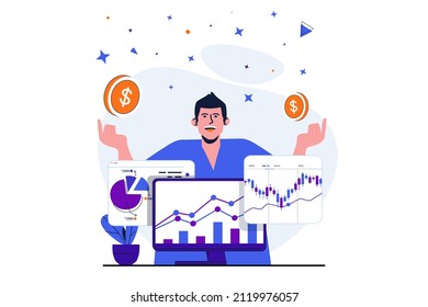 Stock market modern flat concept for web banner design. Successful trader earns money on profitable trades, analyzes financial data and statistics. Vector illustration with isolated people scene