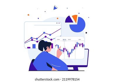 Stock Market Modern Flat Concept For Web Banner Design. Woman Is Engaged In Trading, Analyzes Financial Data With Growth Trend And Bargain Invests Money. Vector Illustration With Isolated People Scene