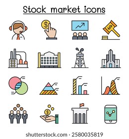 Stock market, Stock money, Stock exchange icon set in color line style