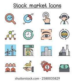 Stock market, Stock money, Stock exchange icon set in color line style