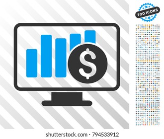 Stock Market Monitoring icon with 7 hundred bonus bitcoin mining and blockchain icons. Vector illustration style is flat iconic symbols design for cryptocurrency apps.