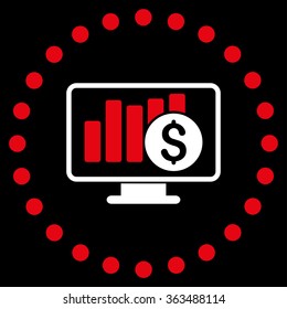 Stock Market Monitoring vector icon. Style is bicolor flat circled symbol, red and white colors, rounded angles, black background.