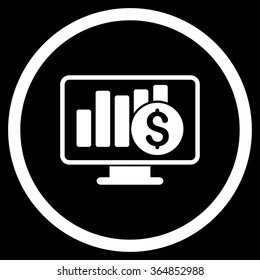 Stock Market Monitoring vector icon. Style is flat circled symbol, white color, rounded angles, black background.