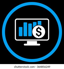 Stock Market Monitoring vector icon. Style is bicolor flat circled symbol, blue and white colors, rounded angles, black background.