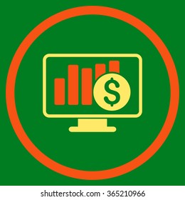 Stock Market Monitoring vector icon. Style is bicolor flat circled symbol, orange and yellow colors, rounded angles, green background.