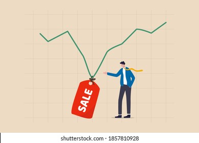 Stock market is on sale when market plunge in economic crisis, buy point to make profit in long run concept, businessman investor expertise pointing at lowest with sale price tag on stock market graph