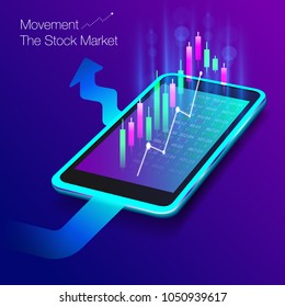 The stock market on the touch screen smartphone for violet background.
Vector EPS file.