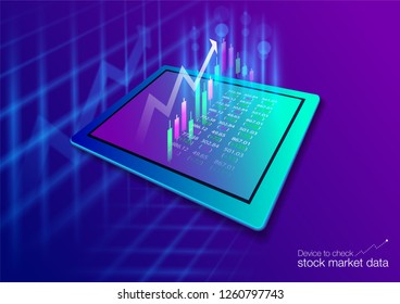 The stock market on the touch screen with technology, tablets, communication devices.