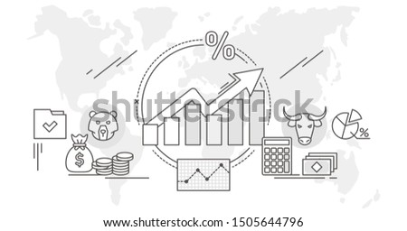 Stock market outline concept vector illustration. Flat money growth with positive and successful indicators. Global investment business value improvement. Finance and economy profit with coins.