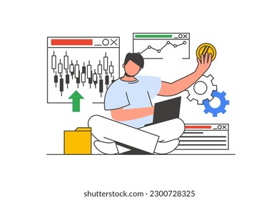 Concepto web de esquema del mercado de valores con escena de caracteres. Hombre analizando la tabla de candelabros, invirtiendo dinero. Situación de la gente en el diseño de línea plana. Ilustración vectorial para material de marketing en medios sociales.