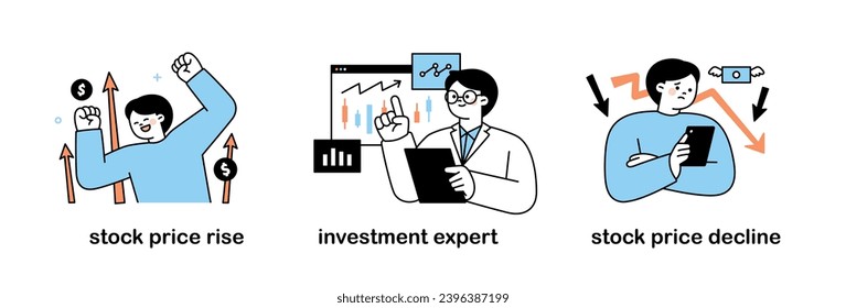 mercado de valores. Una persona que se regocija en un mercado en ascenso. Una persona que está triste durante una caída del mercado. Experto en inversiones. ilustración simple del vector de esquema.