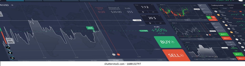 Stock market perspective dashboard, trading platform binary option with cryptocurrency and other investments. Economic trends and stock exchange. Vector illustration forex with UI interface