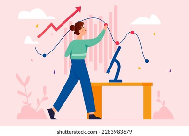 Stock market pink concept with people scene in the flat cartoon style. Financier follows the rapid spread of various currencies on the stock market. Vector illustration.