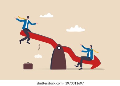 Stock Market Plunge, Cryptocurrency Or Forex Trading Price Decline, Bear Market Concept, Businessman Sitting On Seesaw Red Arrow Pointing Down As Investment Loss.