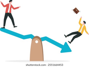 Stock market plunge, cryptocurrency or forex trading price decline, bear market concept, businessman seesaw red arrow pointing down as investment loss.
