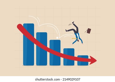 Stock market plunged falling down, economic crash, investing failure or mistake, price drop, recession, investment risk concept, businessman investor slip on stock market graph fall down to the floor.