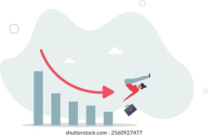 Stock market plunged falling down, economic crash, investing failure or mistake, price drop, recession, investment risk concept,flat characters.