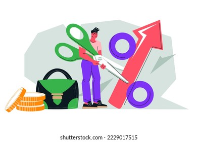 Stock market portfolio management broker cut money inflation sign, flat vector illustration on white background. Portfolio manager works on investment and business profit strategy.