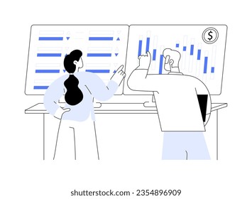 Stock market predictions abstract concept vector illustration. Group of data analysts examines stock market prices, looking at infographics on laptop screen, finance sector abstract metaphor.