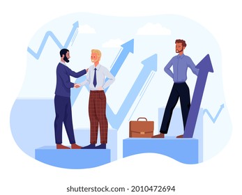 Stock market price concept. Businessmen are investor next to the arrows pointing up. Metaphor for the growth of the value of shares and other securities. Flat vector illustration on a white background