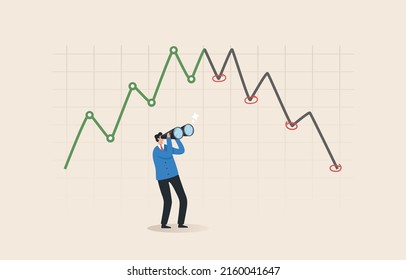 Stock market price prediction. Investment risk. Finding an entry point to buy or sell and make a profit. Investors use binoculars to view stock market prices.