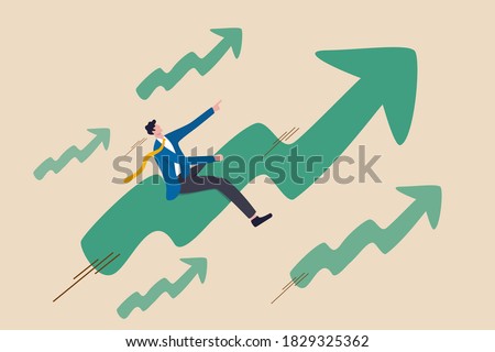 Stock market price rising up skyrocket in bull market, positive growing up business or ambition for winner investor concept, confidence businessman riding fast speed green rising up graph to the top.