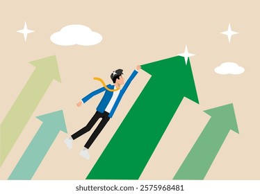 Stock market prices rise skyrocketing in bullish market, confident businessman holding green high speed rising graph upwards, positive growing business or ambition for winning investor concept