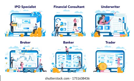 Stock market profession set. Web site platform. Idea of finance investment and financial growth. Ipo specialist, financial consultant, underwriter, broker, banker, trader. Vector illustration