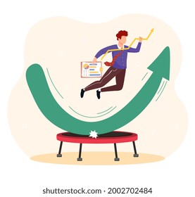 Stock market rebound. The man symbolizes the stock market, which jumped on the trampoline and bounced up. Market growth chart. Cartoon modern flat vector illustration isolated on a white background