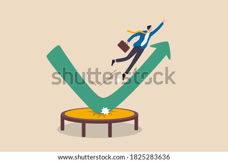 Stock market rebound, overcome business down fall and grow up profit or leadership and achievement concept, businessman jump bouncing high on trampoline with green rising up performance arrow graph. [[stock_photo]] © 