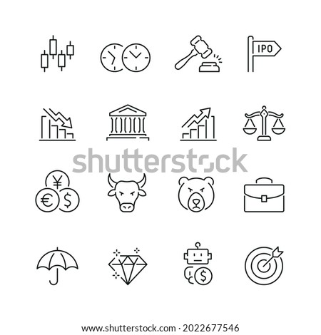 Stock market related icons: thin vector icon set, black and white kit