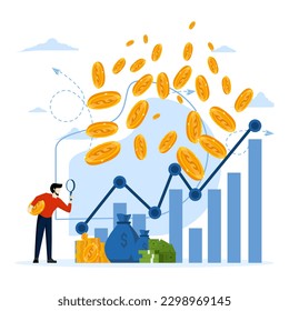 stock market report concept, financial market, investment income or money management analysis, economic growth, businessman investor holding money coins analyzing financial charts and graphs.