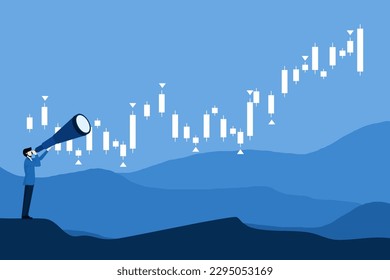 Stock market research concept, Financial businessman standing with binoculars looking for opportunities in front of rising charts. Flat vector illustration.